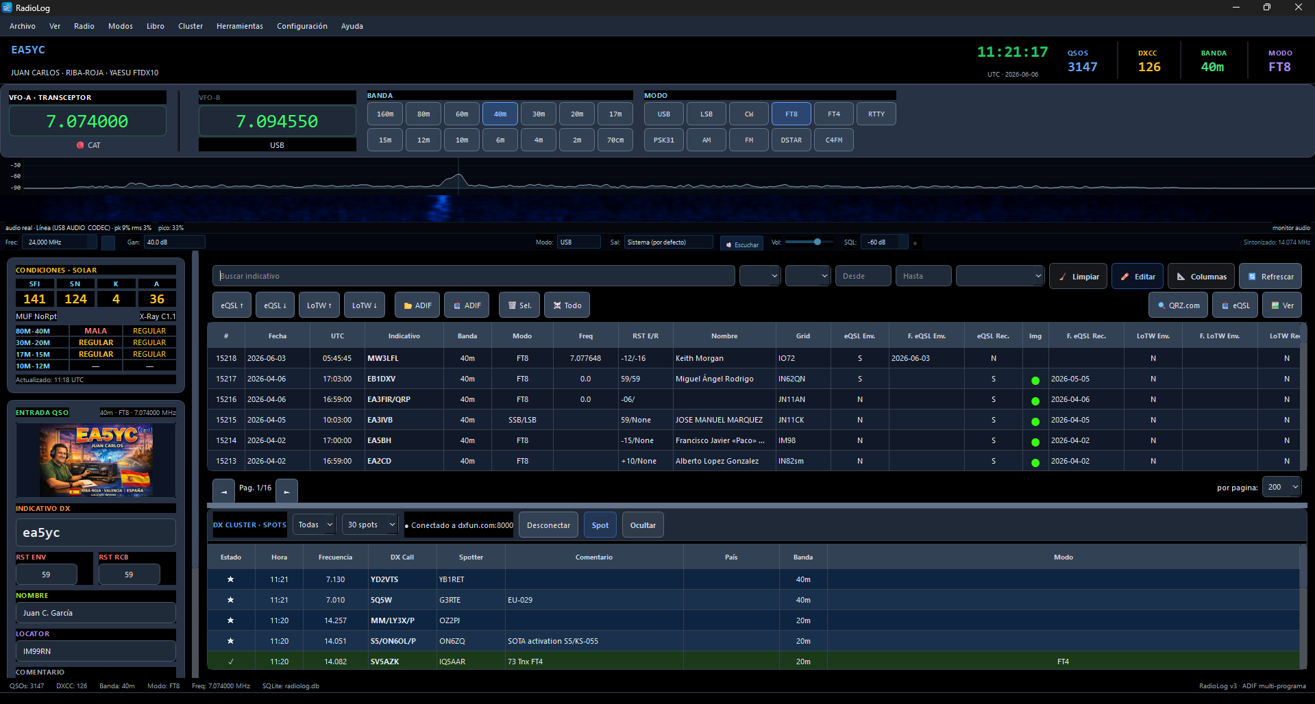 Pantalla principal de RadioLog