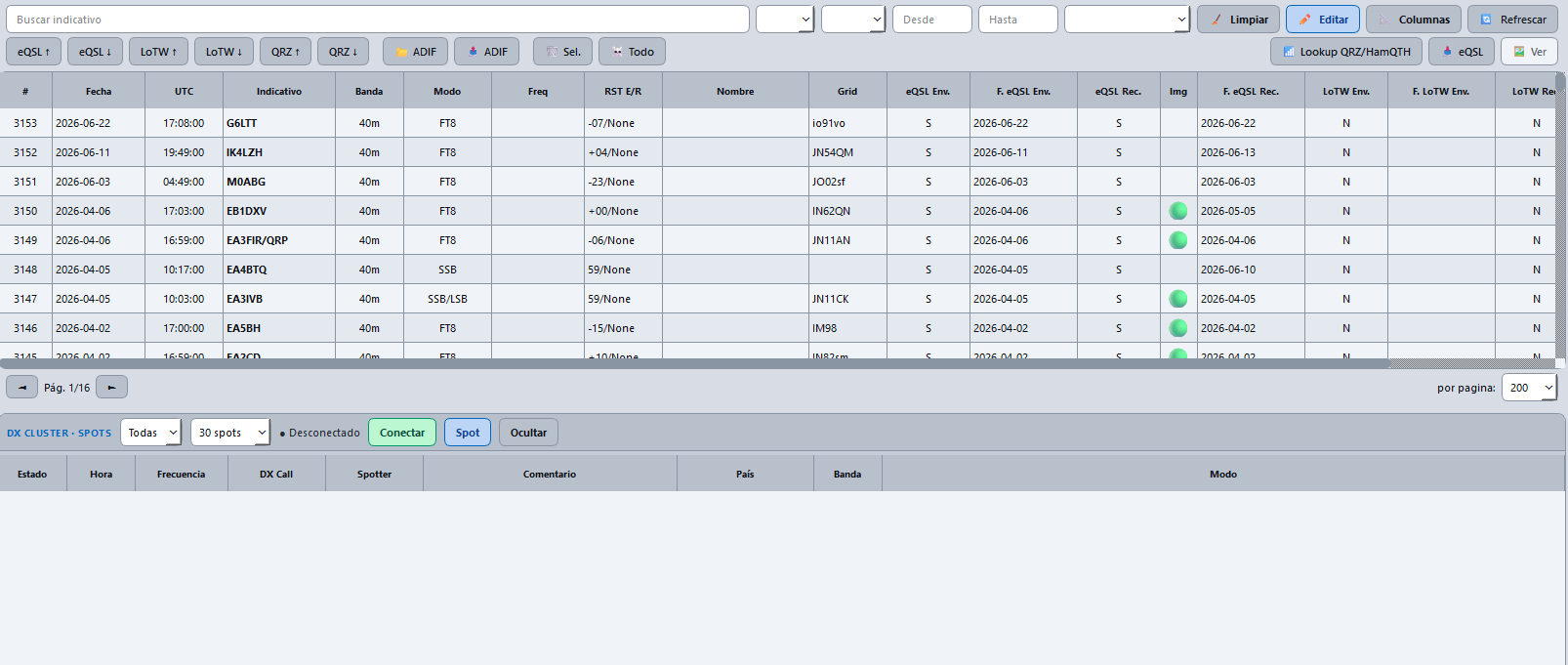 QSO FT8 recibido automáticamente en el logbook de RadioLog