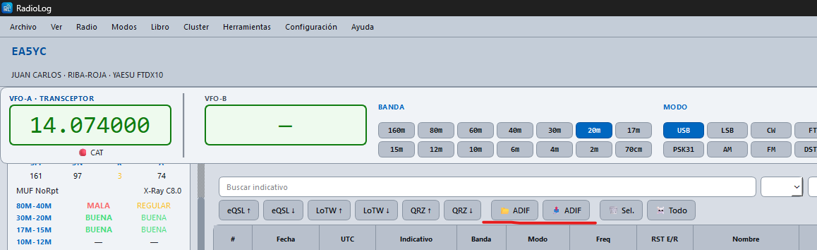 botones de importar/exportar ADIF en la barra del logbook
