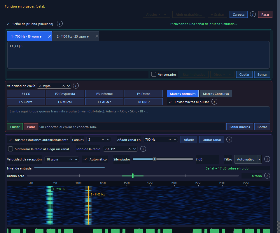 CW Studio: texto recibido por canales, macros F1–F8, controles y cascada