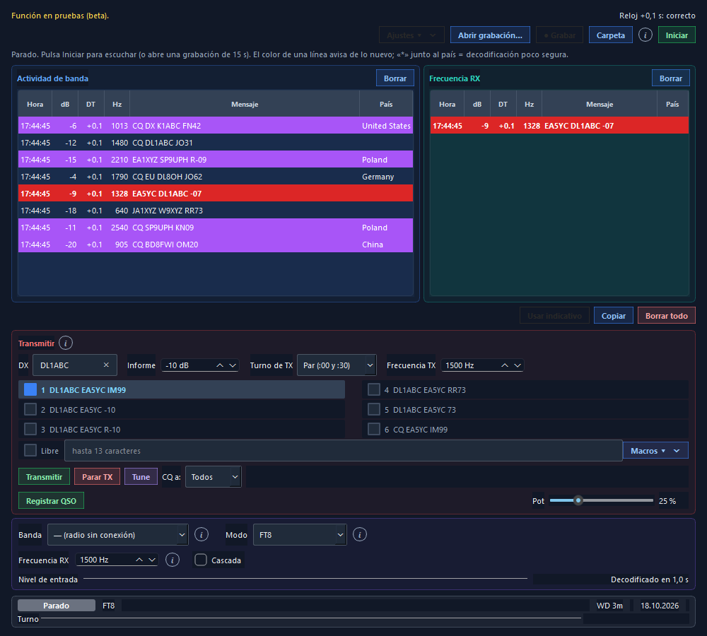 FT8 Studio: actividad de banda, frecuencia RX, mensajes a transmitir y controles