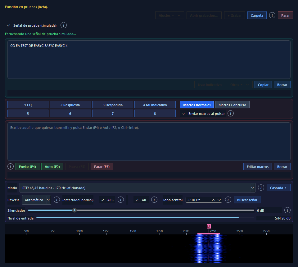 RTTY Studio: texto recibido, macros, caja de transmisión, controles y cascada