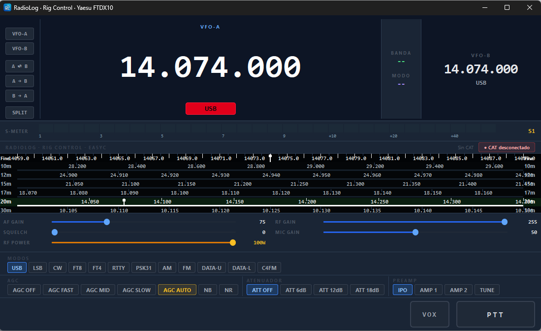 RigControl window with VFO and mode in real time