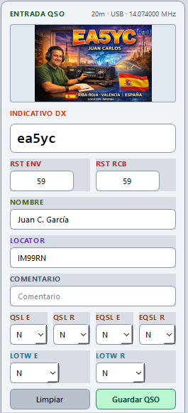 Callsign field with completed lookup