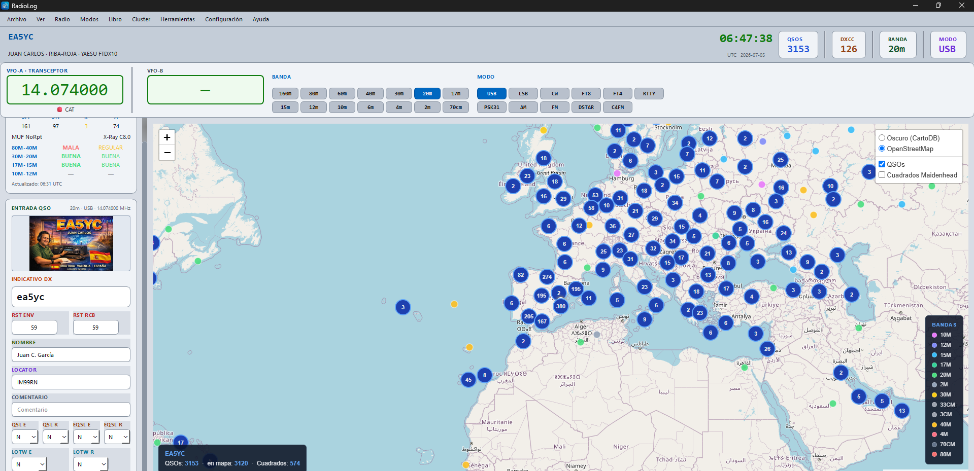 Map tab with QSOs spread across the world
