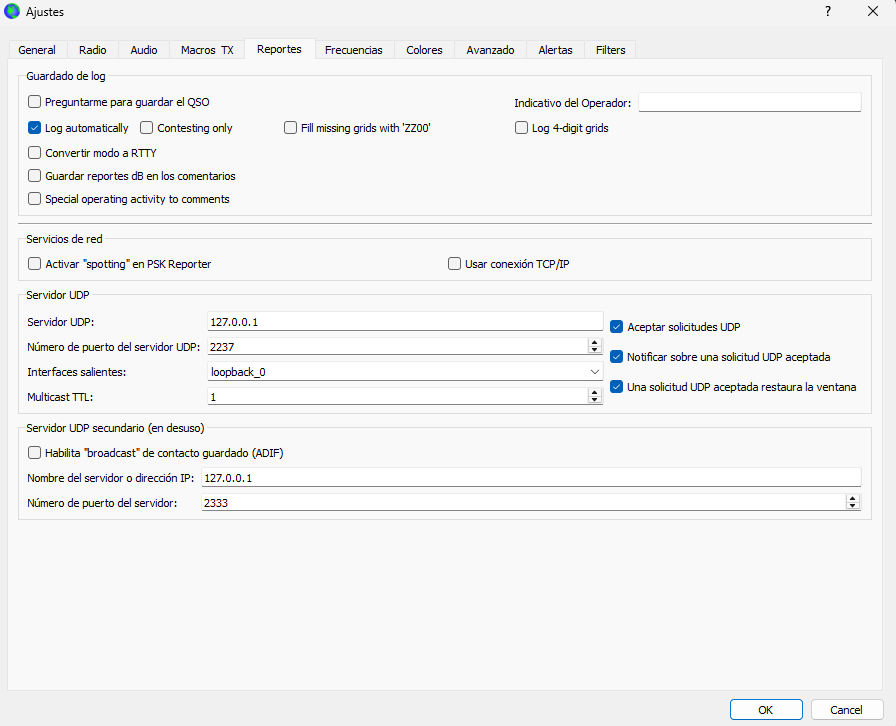 WSJT-X Reporting tab with UDP active