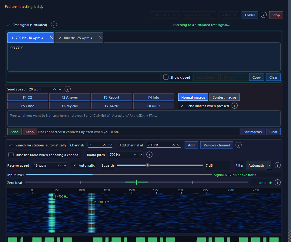 CW Studio: received text by channel, F1–F8 macros, controls and waterfall