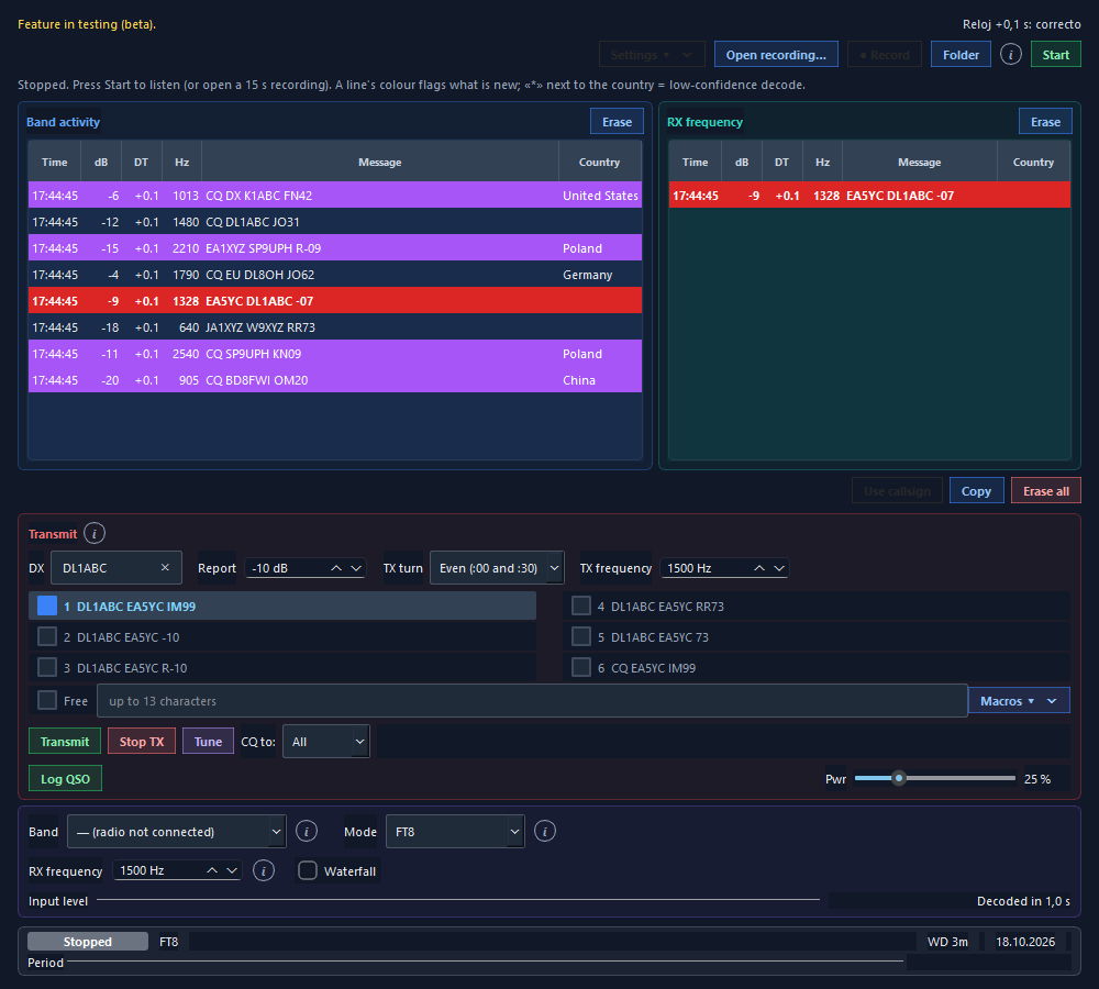 FT8 Studio: band activity, RX frequency, messages to transmit and controls