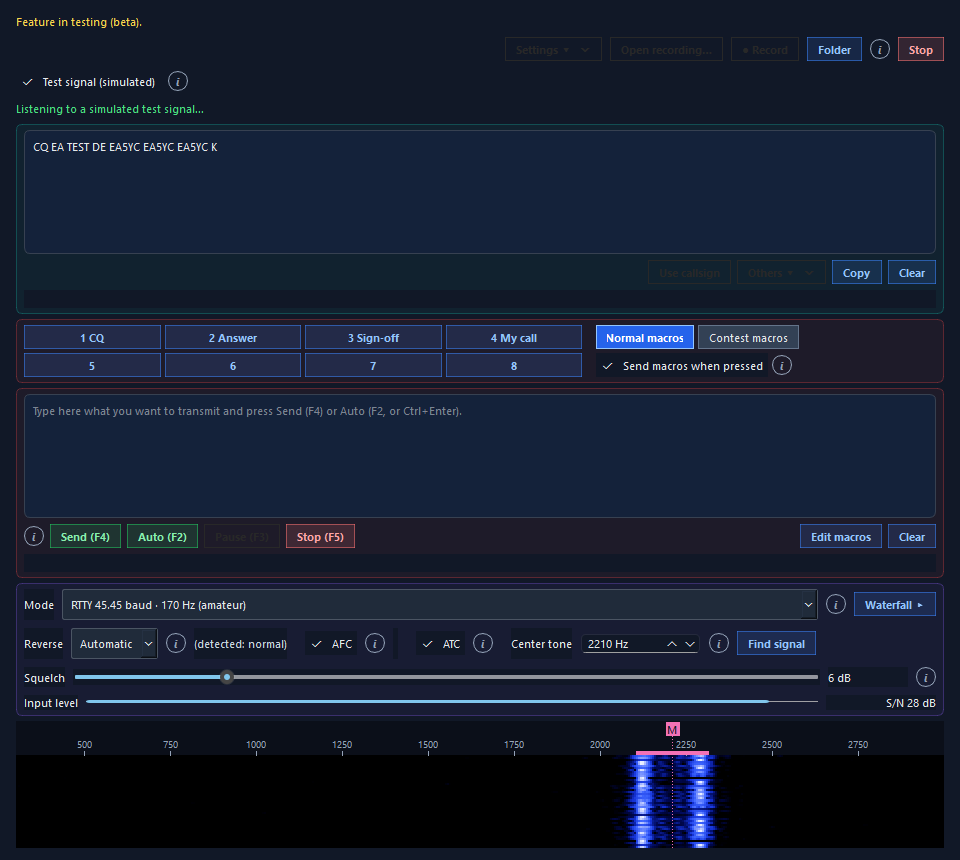 RTTY Studio: received text, macros, transmit box, controls and waterfall